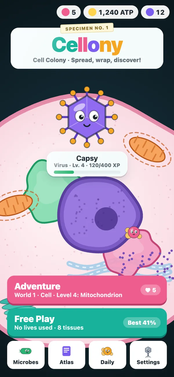 Pick Adventure or Free Play, and meet the microbe you play as.